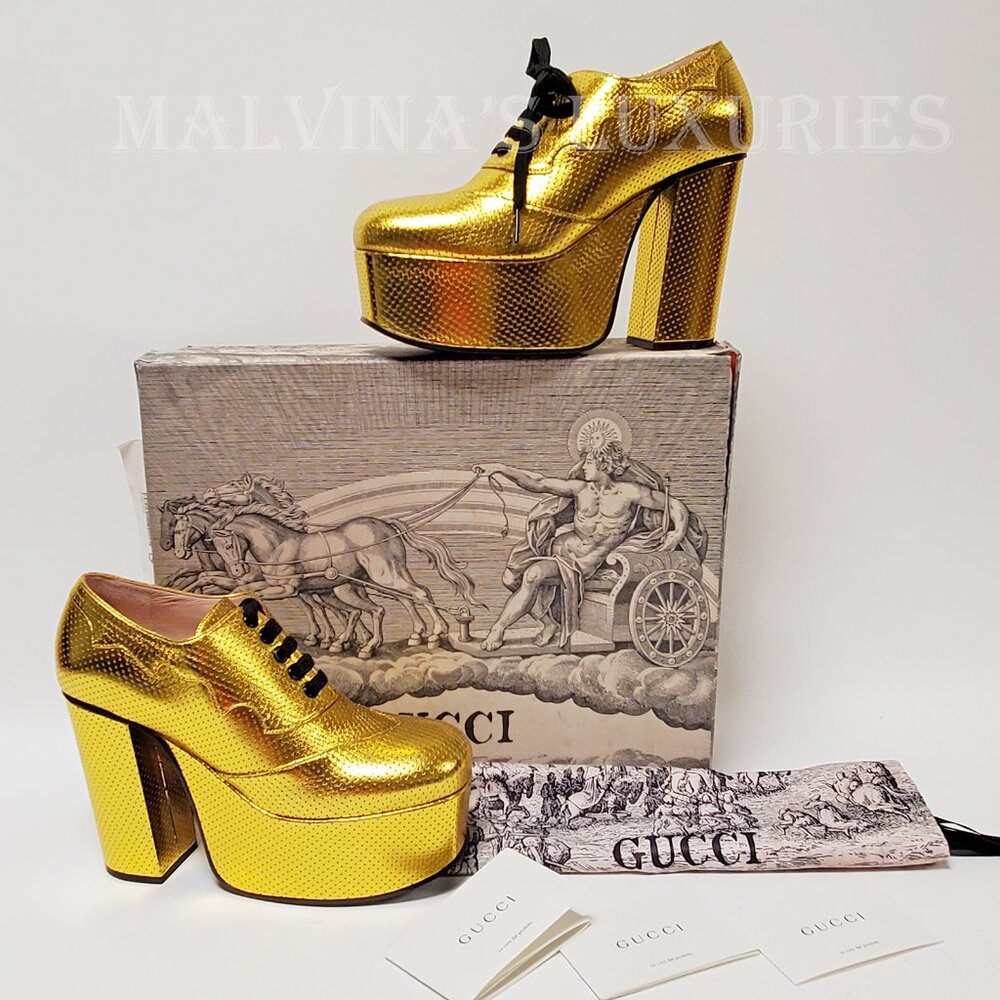 GUCCI SHOES OTIS GOLD LEATHER PLATFORM LACE UP PUMPS sz 39.5 9.5 US - Picture 2 of 15